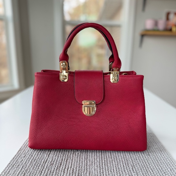 DASEIN Red Statement Handbag Purse Shoulder Bag with Bright Gold Brass Hardware - Picture 3 of 16